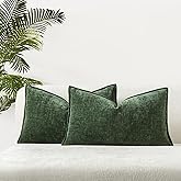 JUSPURBET Set of 2 Green Chenille Lumbar Throw Pillow Covers 16x24 Inch Soft Textured Decorative Cushion Cases for Couch Sofa Bed Solid Home Decor Pillowcases