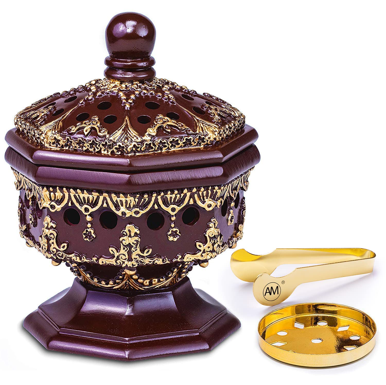 AM Incense Burner Charcoal Bakhoor Burner Frankincense for Office & Home - Lavish Octagon Brown