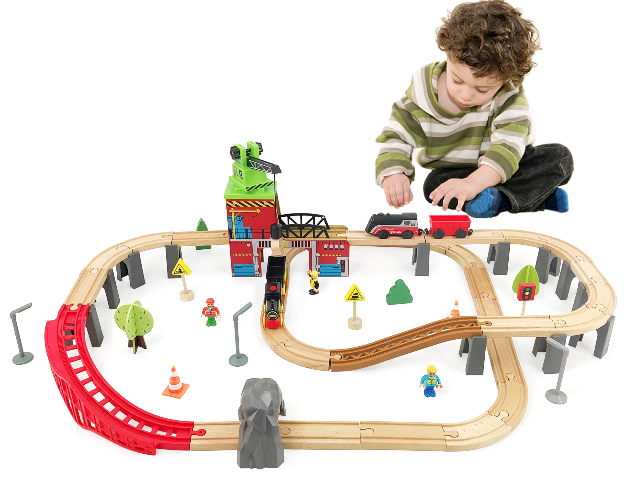 Toy Train Accessory with Track for Kids Age 3 and Up, Wooden Train Track Accessories Crane Bridge Compatible with Thomas, Brio, Chuggington, Melissa and Doug and All Major Brand Railway Track