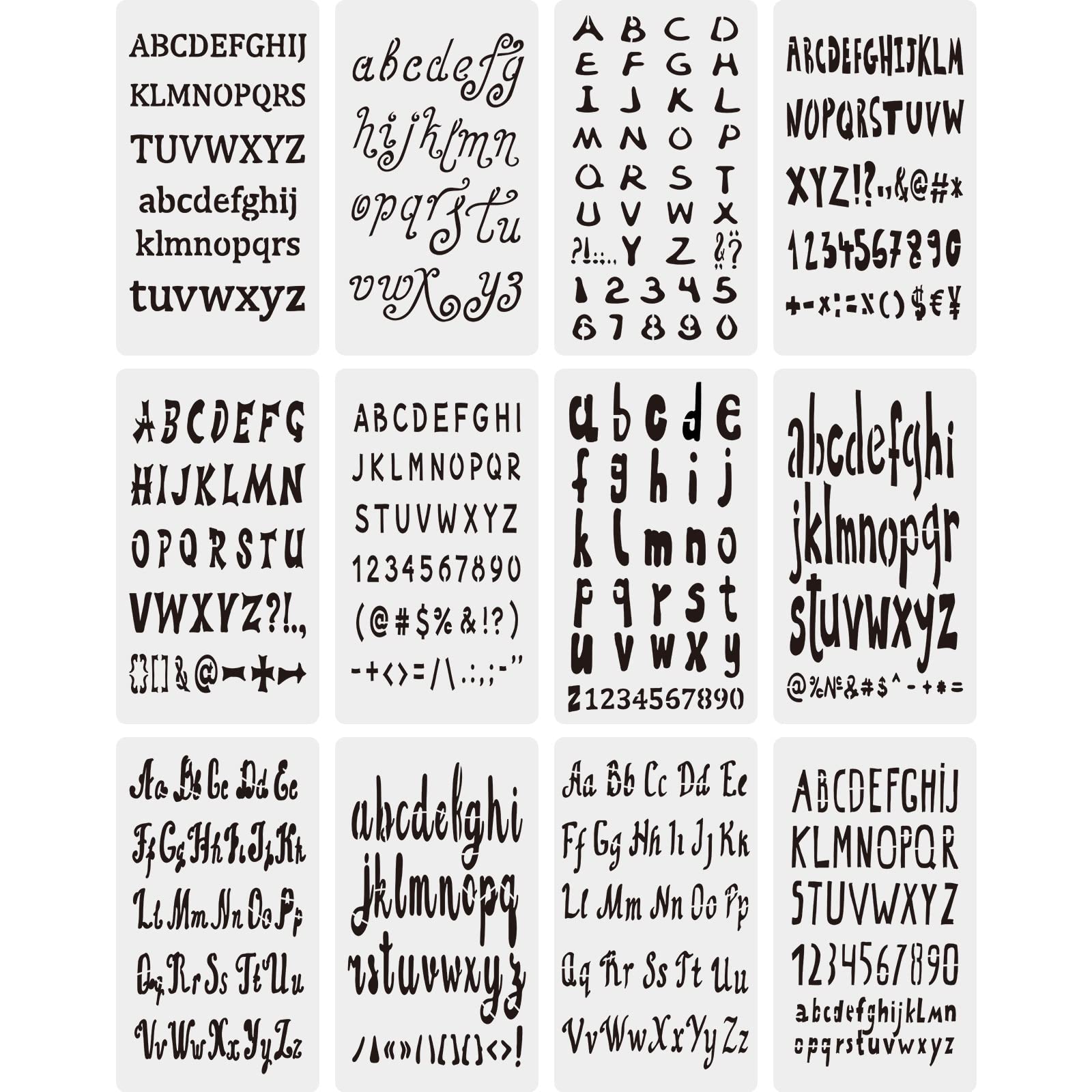 Dianelhall 12 PCS Journal Letter Stencils for Crafts Reusable Engraving Stencils 4 x 7 Inch Calligraphy Letters Alphabet Number Plastic Planner Templates for DIY Craft Project