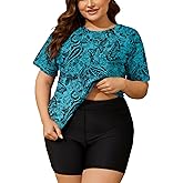 COOTRY Womens 2 Piece Plus Size Rash Guard Swimwear Short Sleeve Swimsuits Bathing Suit Swim Shirt and Shorts UPF 50+