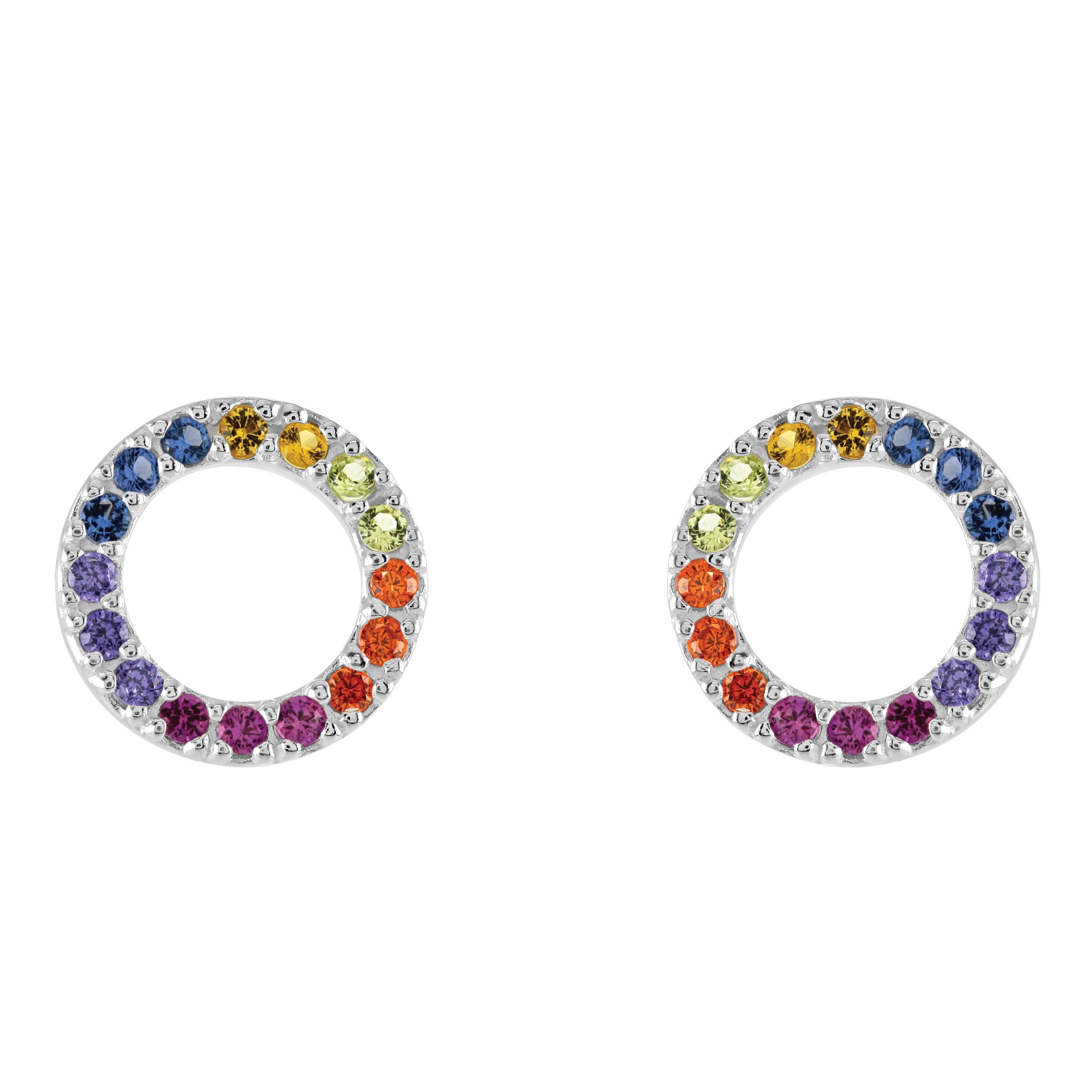 DEW Rainbow Circle Stud Earrings – Sterling Silver, Pavé Multi Colour Cubic Zirconia, Simple and Classic Geometric Design