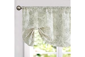 Lazzzy Green Floral Tie Up Valance Curtain Linen Farmhouse Valance for Kitchen Living Room Bathroom Bedroom Country Valances Window Treatments Cafe Curtian 18 Inch Rod Pocket 1 Panel, Green on Beige