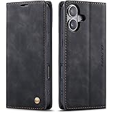 QLTYPRI for iPhone 16 Case Wallet with Card Holder, Vintage PU Leather Kickstand Magnetic Closure Shockproof Folio Book Cover Case for iPhone 16 - Black