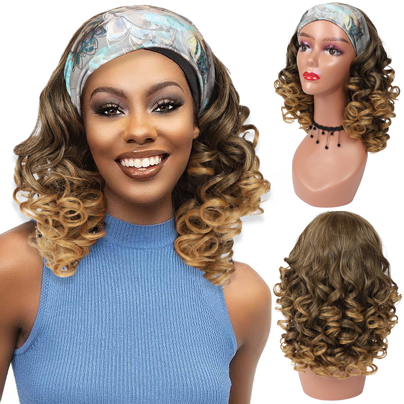 Photo 1 of 17Inch Curly Wigs for Black Women Long Curly Headband Wig None Lace Glueless Wig Soft Big Bouncy Fluffy Big Curls Heat Resistant Synthetic Wig for Daily Party Use (T27# Brown)