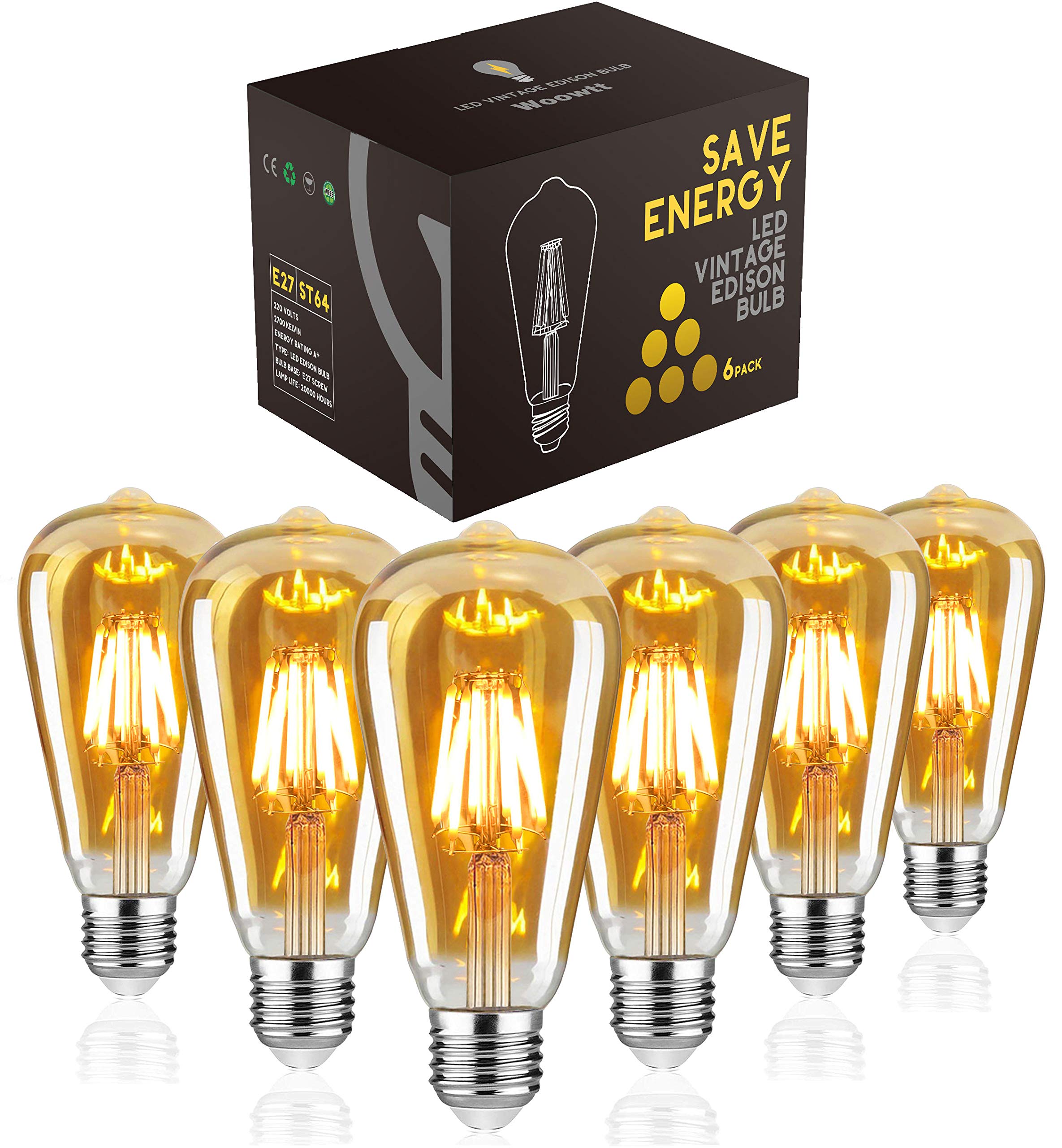 Woowtt LED Edison Bulb, Vintage Light Bulb, Dimmable 6W E27 LED Bulbs, Led Filament Bulb, Antique Style Retro Amber Glass Screw Lamp, ST64, 2200K, 600LM, 6W - 6 Pack