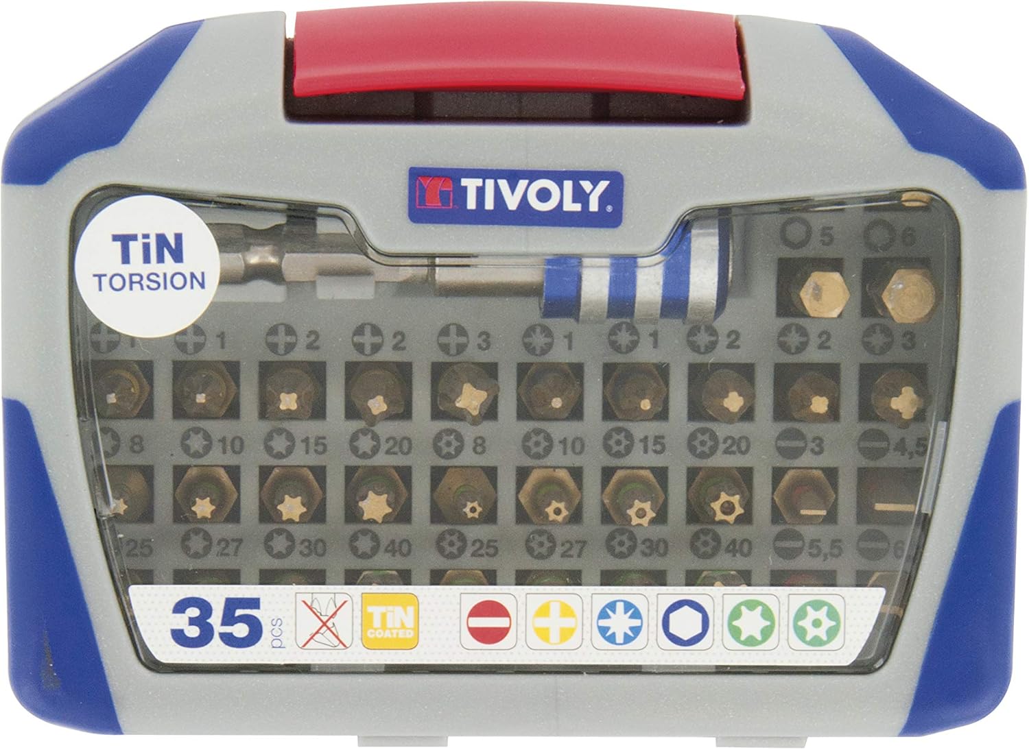 TIVOLY 11521572004 Set of 35 Twist Tin Screws, Contains 5pz, 5ph, 8tx, 8ttx, 4hex, 4fe, 1 Bit Holder Screwdriver Sets