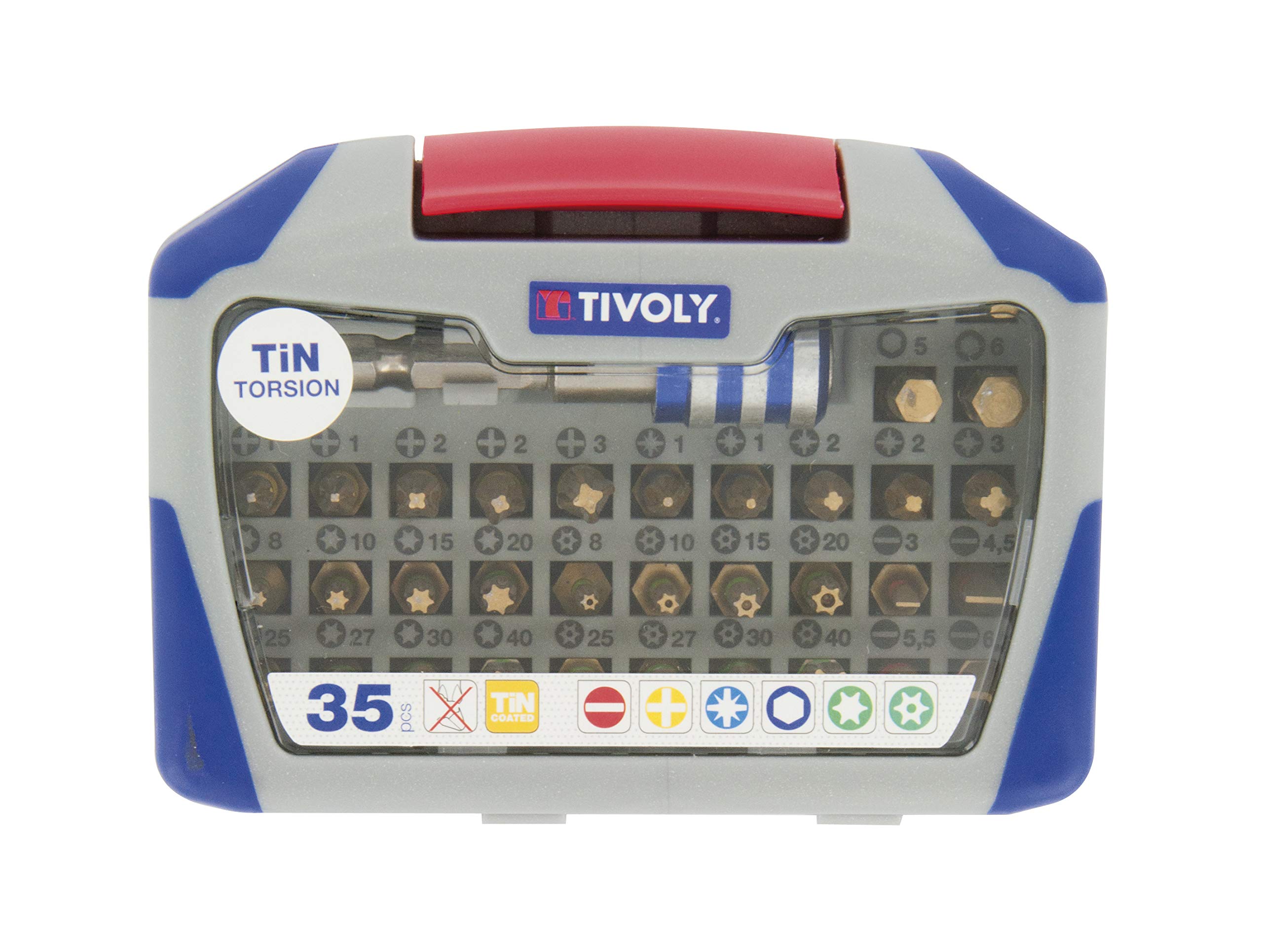 TIVOLY 11521572004 Set of 35 Twist Tin Screws, Contains 5pz, 5ph, 8tx, 8ttx, 4hex, 4fe, 1 Bit Holder Screwdriver Sets