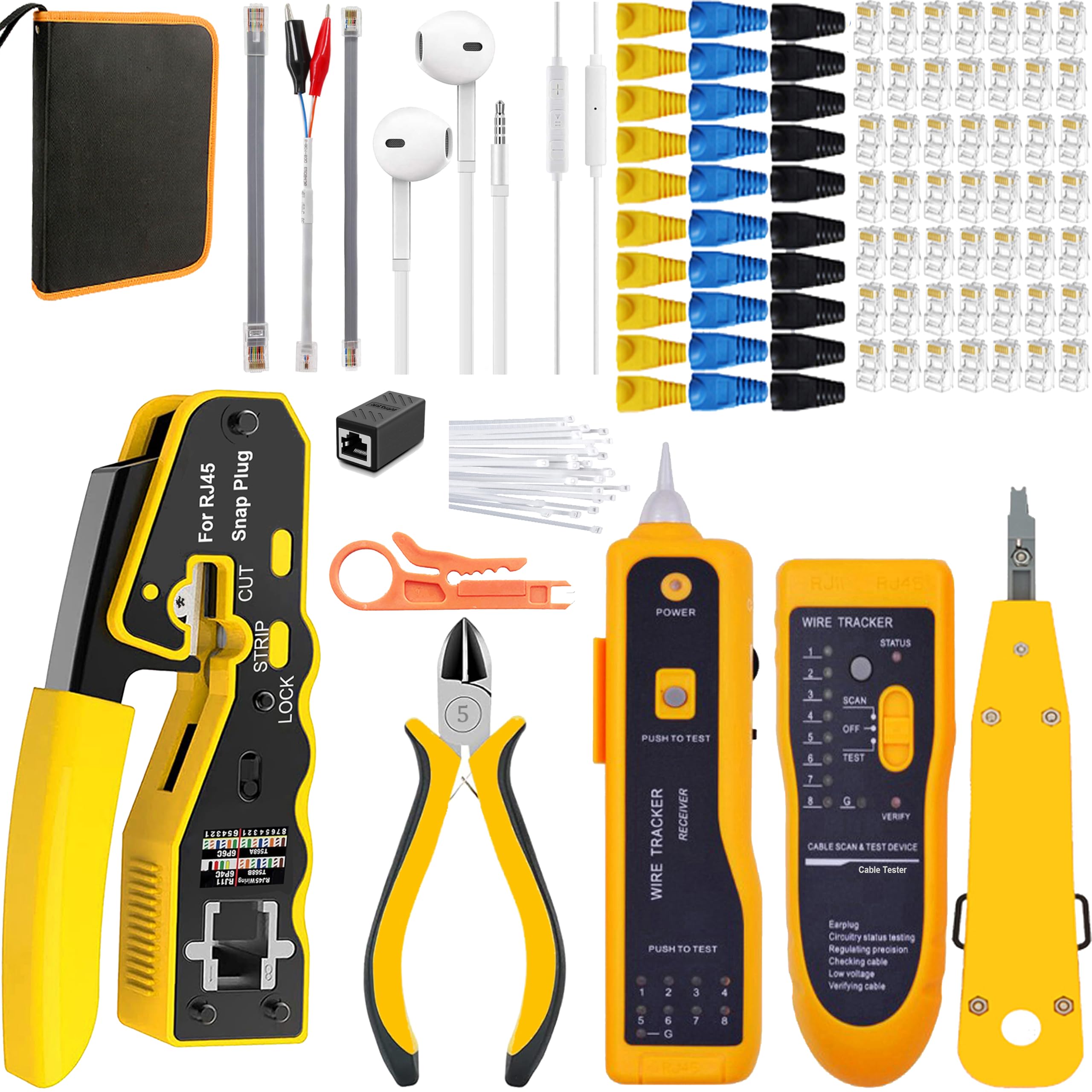 MAYLINE RJ45 Crimping Tool Set Network Ethernet Wire Stripper, Punch Down Cable Tester Crimp Cutter Pass-Through CAT6 CAT5 Crimper, Professional Net Maintenance Tool Kit(Yellow)