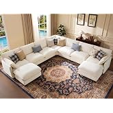 Ihanherry 139" Oversized V-Shaped Modular Sectional Couch, 9-Seater Cloud Sofa with Corner &amp; Movable Ottoman, Large Cushions, Chenille Deep Seat Living Room Furniture Set, Beige