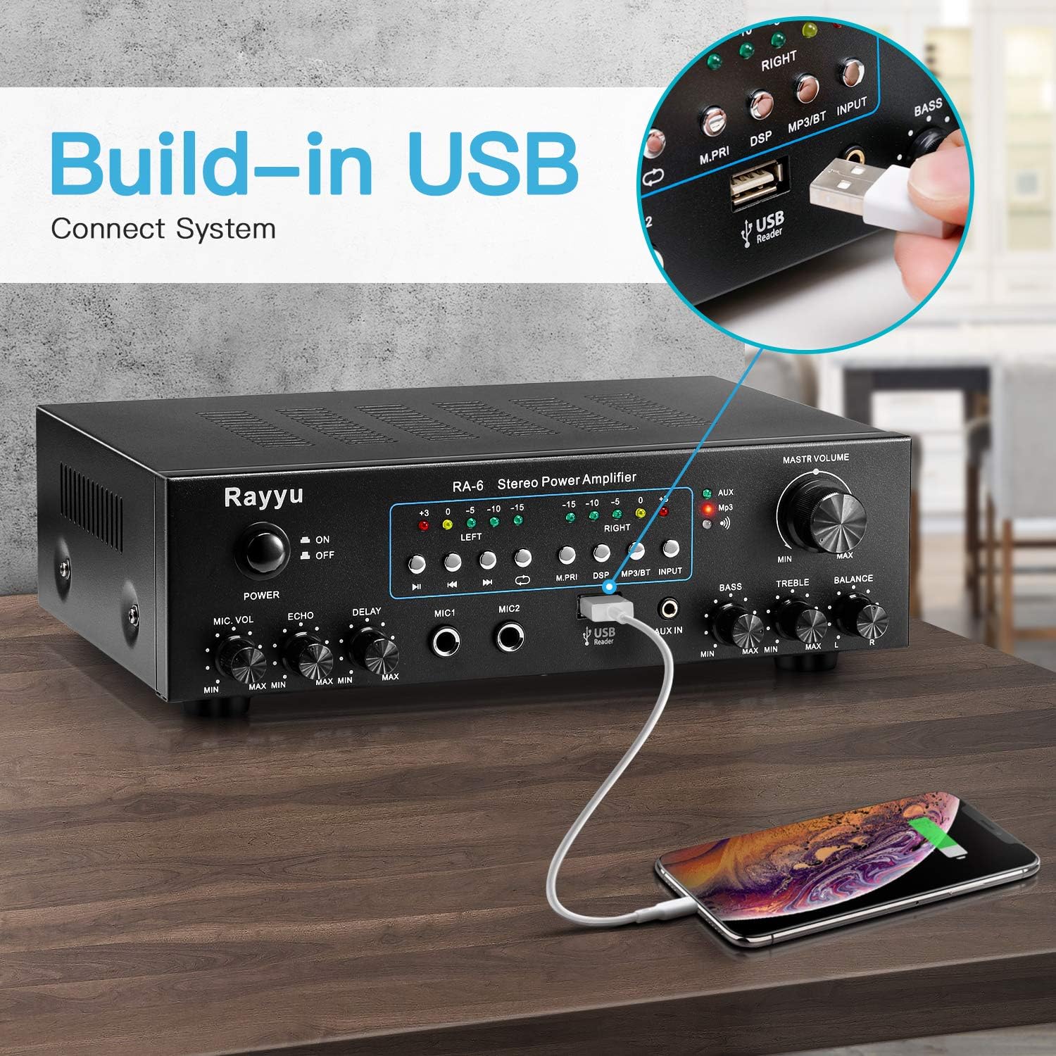 Rayyu Professional Digital Stereo Reverb MP3 Amplifier, Bluetooth Compatible Home Audio Power Amplifier，App Control，2x30W Mini Dual Channel，1/4”Microphone Input Jacks, Compact with USB/AUX RA-6: Home Audio & Theater
