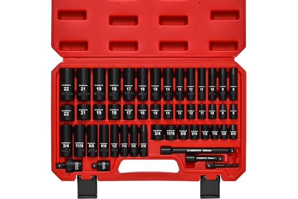 CASOMAN 3/8" Drive Impact Socket Set, 49 Piece Standard SAE and Metric Sizes (5/16-Inch to 3/4-Inch and 8-22 mm), 6 Point, Cr