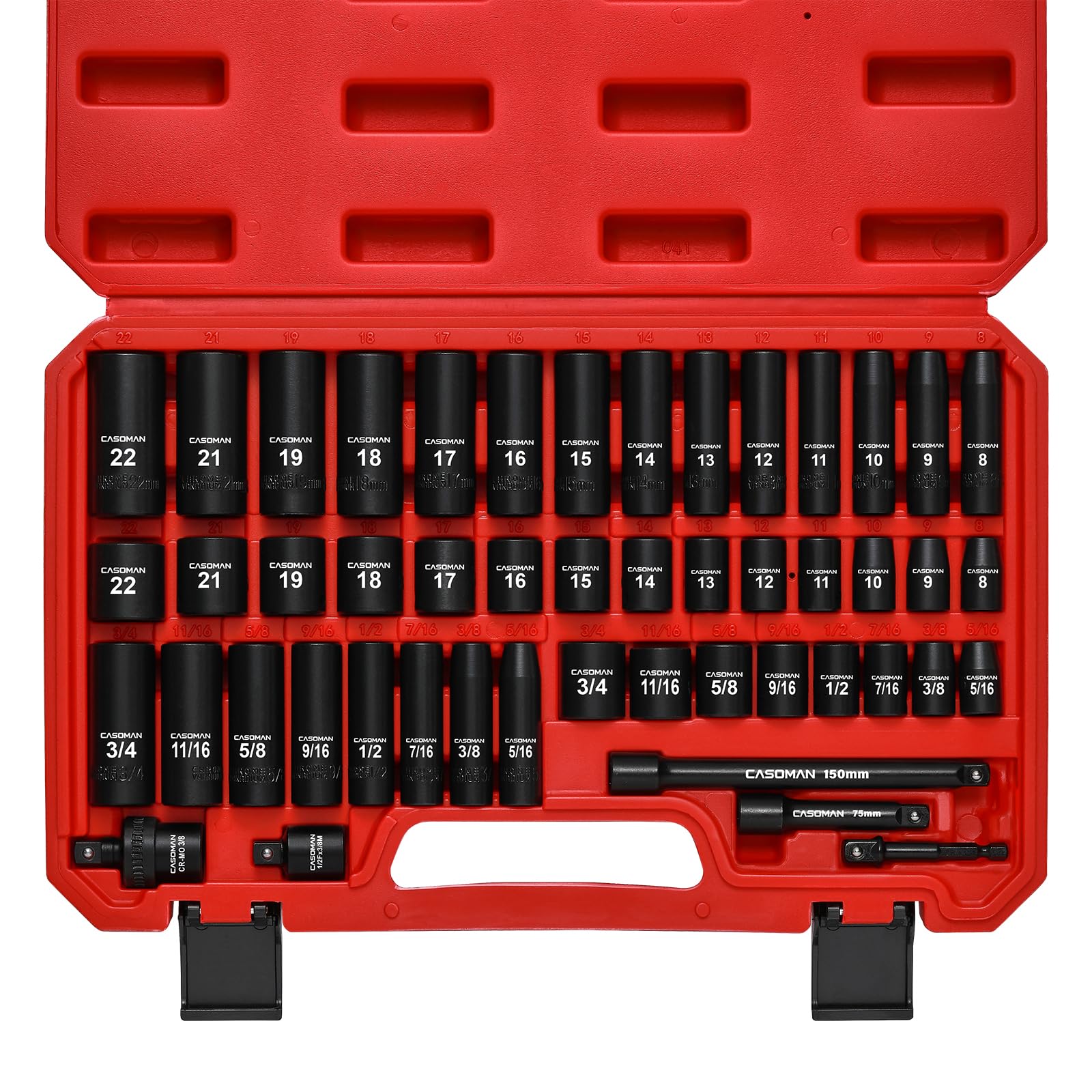 Photo 1 of CASOMAN 3/8" Drive Impact Socket Set, 49 Piece Standard SAE and Metric Sizes (5/16-Inch to 3/4-Inch and 8-22 mm), 6 Point, Cr-V Steel Socket Set
