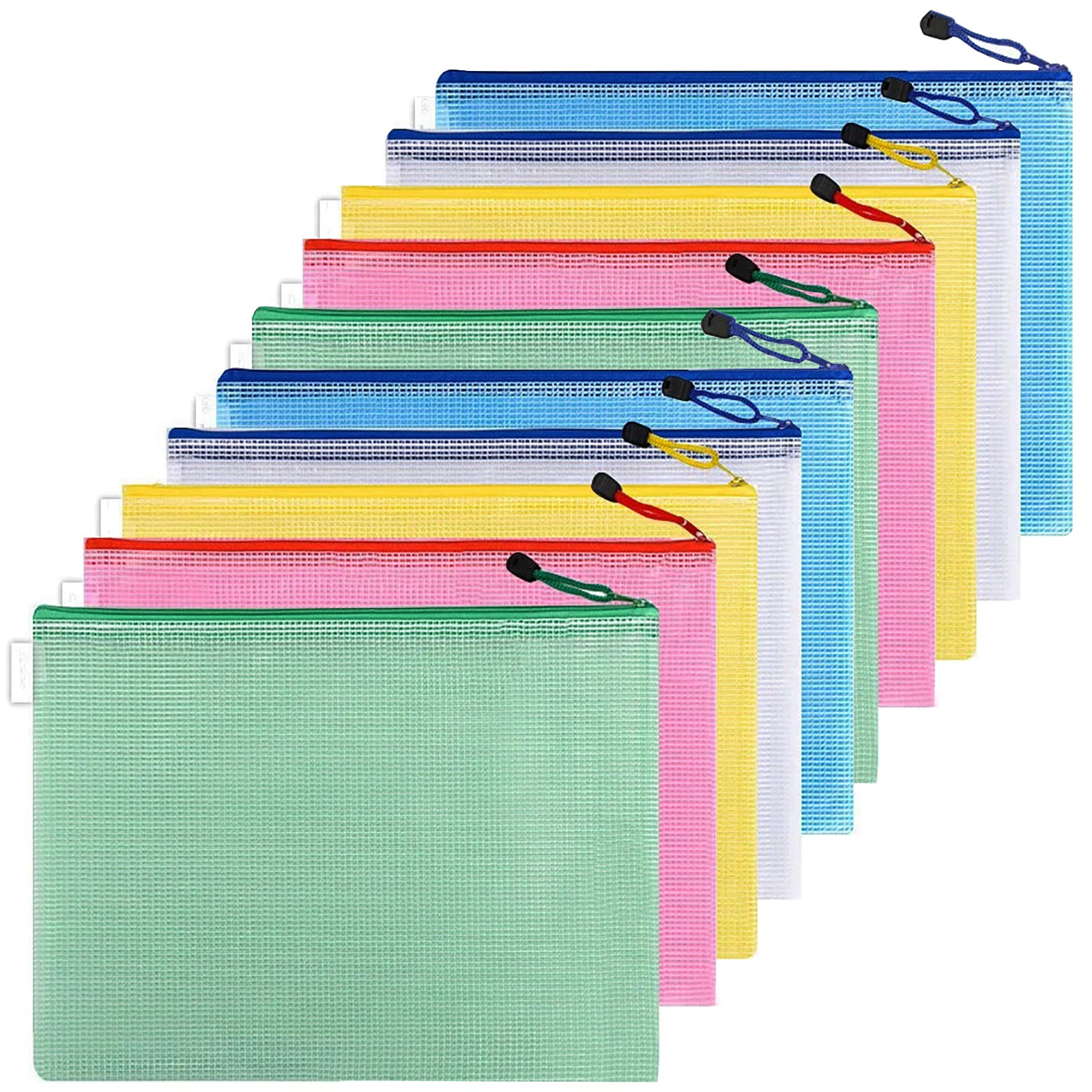 Pack of 10 A5 Plastic Zip Wallets – Durable Plastic Mesh Zip Bags with Waterproof Design, Smooth Zips & Hanging Cord – Colourful Zip Folders for Office, School, Travel, 24x17cm