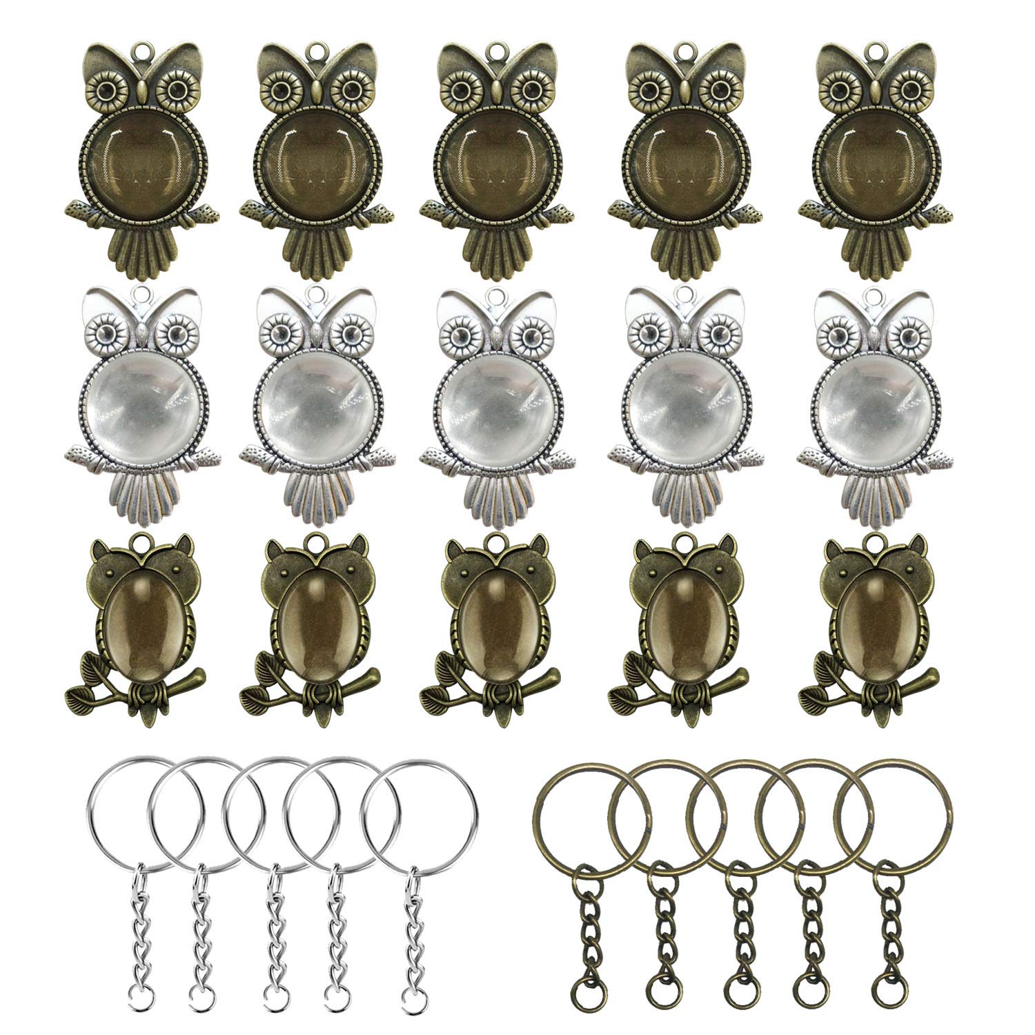 50 PCS Owl Pendant Trays Kit, Woohome 20 PCS Owl Pendant Trays with 20 PCS Glass Dome Tiles Clear Cameo, 10 PCS Pendant Buckle, Different Shape Pendant Blank Bezels for Jewelry Making