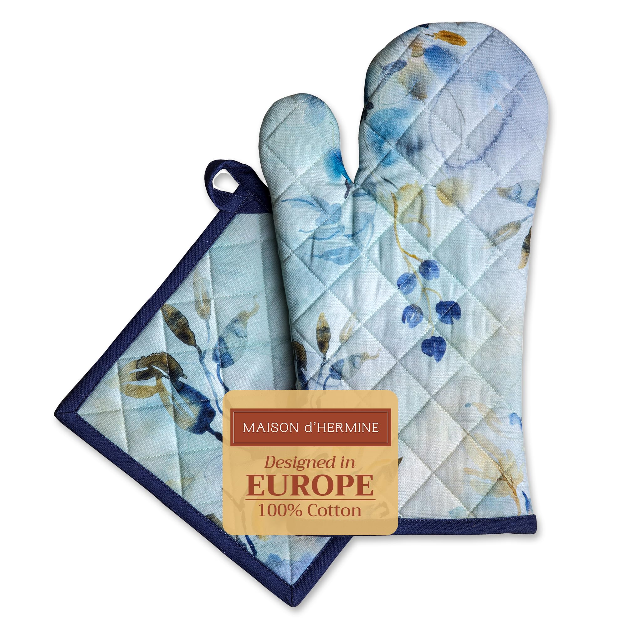 Maison d' Hermine Lazy Summer Days 100% Cotton Oven Mitt (19cm x 33cm) and Pot Holder (20cm x 20cm) for Barbecue, Baking, Microwave, Spring/Summer, Mother's Day