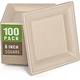 Gezond Compostable Square Plates 6 Inches, 100 Pack Disposable Paper Plates, Heavy Duty Biodegradable Sugarcane Plates Eco-Fr
