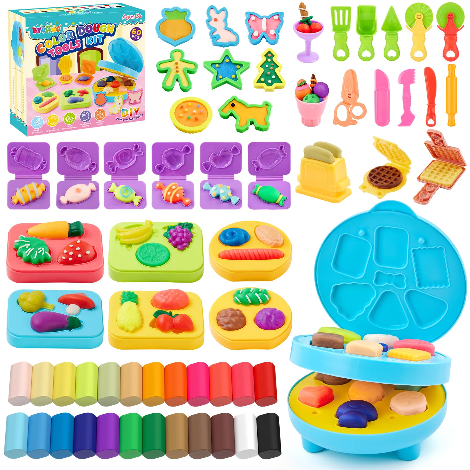 BYHANO 60 PCS Color Playdough Set, Playdough Accessories with Tools and Cutters, Play Dough Tools with Hamburger Maker, Playdough Kitchen Creation for Kids Age 3+