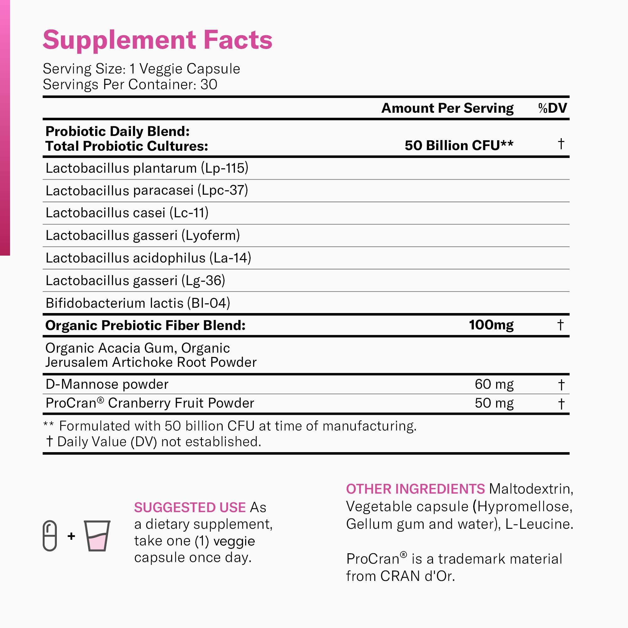 Prebiotics & Probiotics for Women - Clinically Proven ProCran - Organic Prebiotics, 50 Billion CFU, D-Mannose & Cranberry for Digestive, Immune, Feminine Health, Soy & Dairy Free, 30 Vegan Capsules