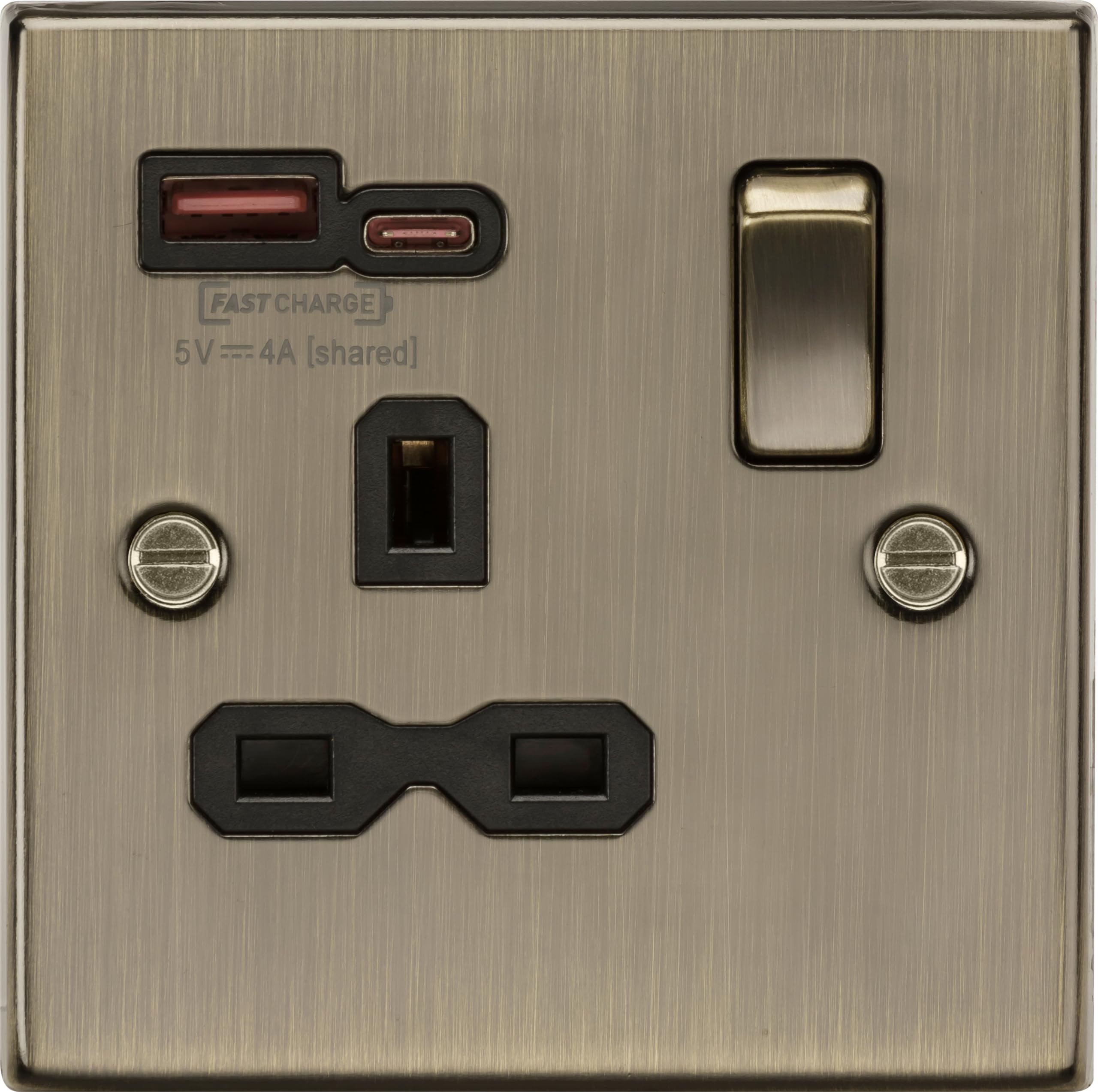 13A 1G SP Switched Socket with Dual USB Charger A+C [Max. 18W QC/PD FASTCHARGE] - Antique Brass
