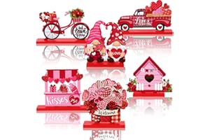 Blosssound 6 Pcs Valentine‘s Day Table Decorations Wooden Valentine Centerpieces Pink Gnomes Truck Bicycle House Heart Love XOXO Table Signs for Valentines Party Indoor Tabletop Desk Decor
