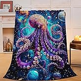 Yibuda Space Octopus Blanket Cosmic Galaxy Flannel Plush Throw Blanket Cozy Fantasy Planet Decor Fleece Stuff Blanket Gifts for Octopus Lover Girls Boys Kids Adults Women Bed Travel 40"x50"