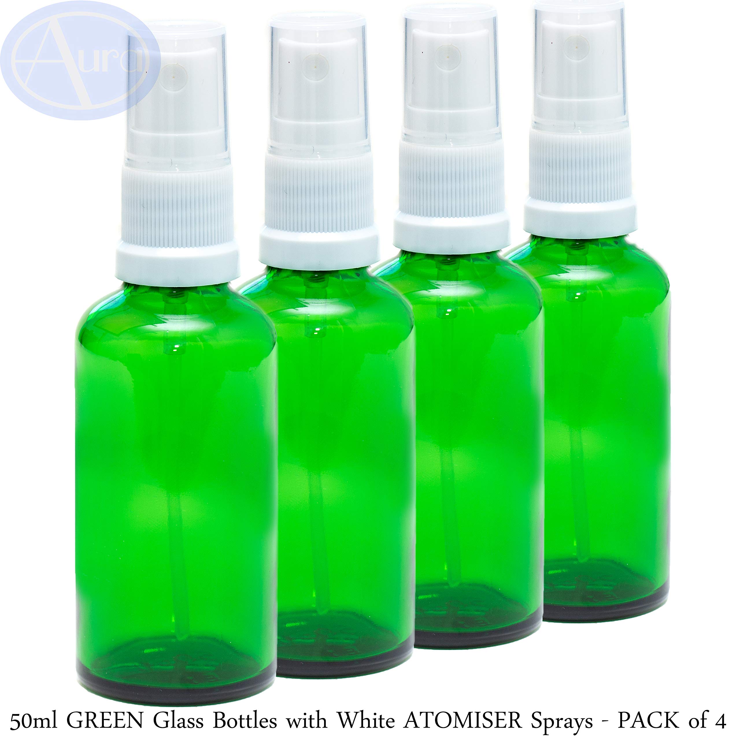 Aura 50ml Green Glass Bottles with White ATOMISER Sprays - Pack of 4