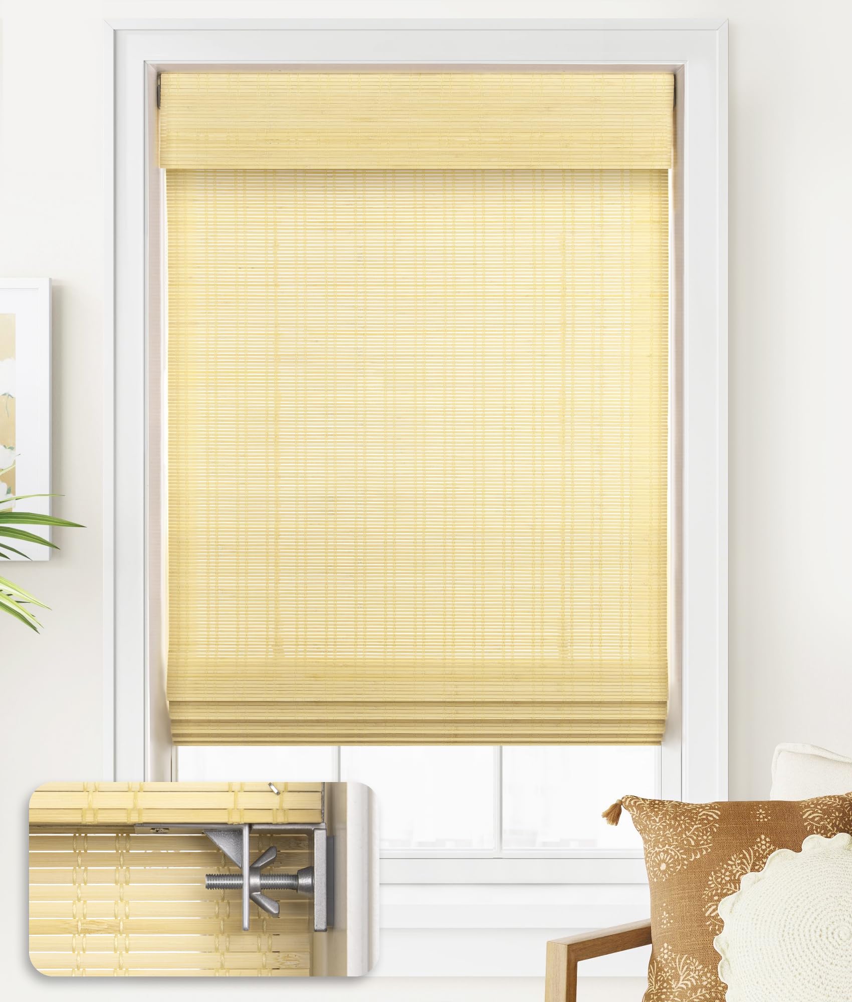 LazBlinds No Tools No Drill Cordless Bamboo Roman Shades, Light Filtering Window Treatment, Roll Up Bamboo Blinds for Window 44'' W x 64'' H, Ceylon Natural Image