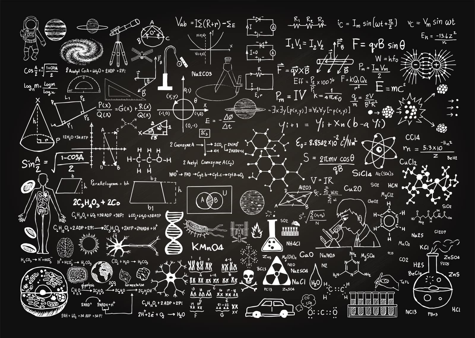 BELECO 2.1x1.5m Fabric Science Theme Classroom Blackboard Backdrop Chemistry Math Geometry Physics Handwritten Chalkboard Background Online Teaching Course Back to School Party Decor Banner Photo