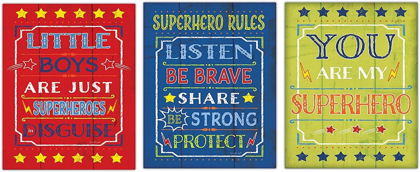 Gango Home Décor Fun Colorful Popular Superhero Rules, Little Boys are Just Superhero's in Disguise, and You are My Superhero Poster Set; Three 11x14in Unframed Paper Poster. Blue/Red/Yellow/Green