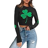 For G and PL Women St. Patrick's Day Crewneck Long Sleeve Shirt Shamrock Slim Fitted Ribbed Crop Top