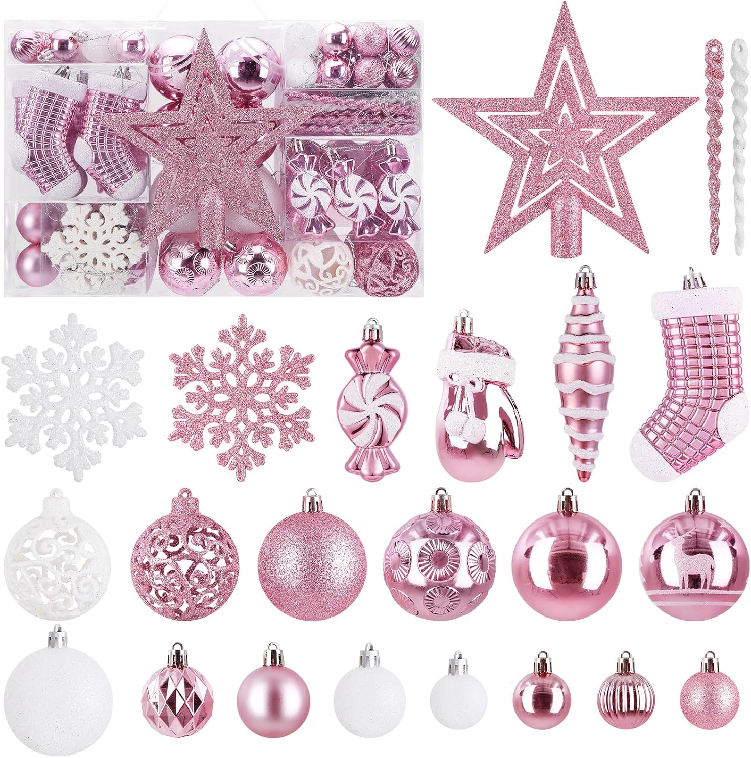 Ornaments - 128 Pcs Christmas Ball Ornament Set, SOLEDI Assorted Christmas Ornaments, Shatterproof Decorative Baubles for Xmas Tree Decor, Gift Package with Reusable Hand for Christmas Decorations, Pink