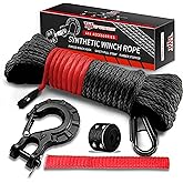 TYT Off-Road Winch Rope Kit - 1/4''x50', 10000 Lbs Black Synthetic Cable with Protective Sheath, Heavy-Duty Hook, Safety Pull Strap & Rubber Stopper Ideal for 4WD ATV UTV Vehicles, Grey, (JPS1450IG)