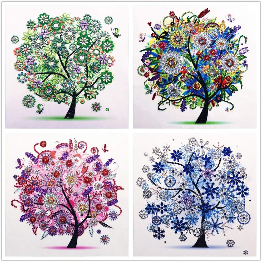 5D Diamond Painting, 4 Piece Set DIY Special Shape Diamond Embroidery Home Wall Decoration Artwork Season Tree Flower
