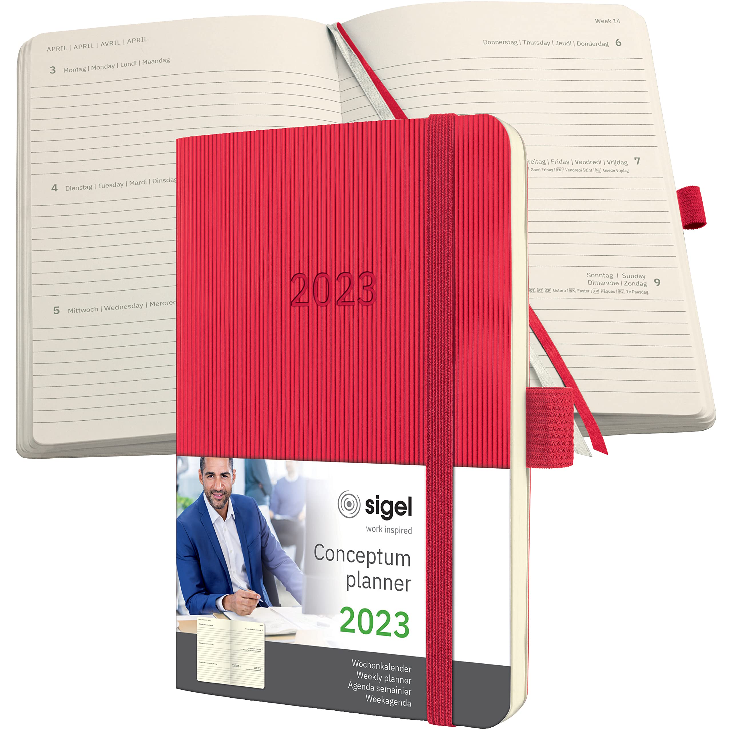 SIGEL C2335 Weekly planner Conceptum 2023 - approx. A6 - red - Softcover - 2 pages = 1 week - 176 S.
