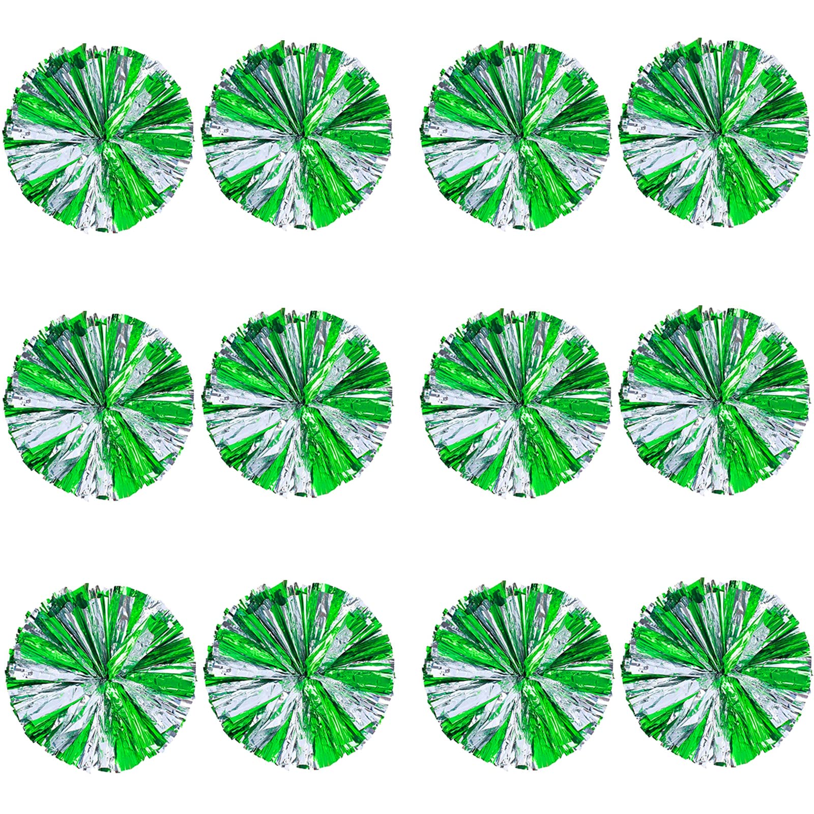 Magicor 12Pcs Cheerleading Pom Poms for Kids, Metallic Foil & Plastic Ring Cheer Girls School Game, Dance, Matches, Team Spirit Sports, Stage Performance, Carnival Celebration (12pcs-Green Silver)