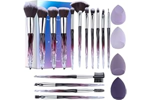XMOSNZ Makeup Brushes 15pcs Premium Synthetic Bristles Crystal Handle Set Eyeshadow Brush Face Lip Eye Make Up Brush Sets Professional with 4 Makeup Sponges (Gift Box, Purple)