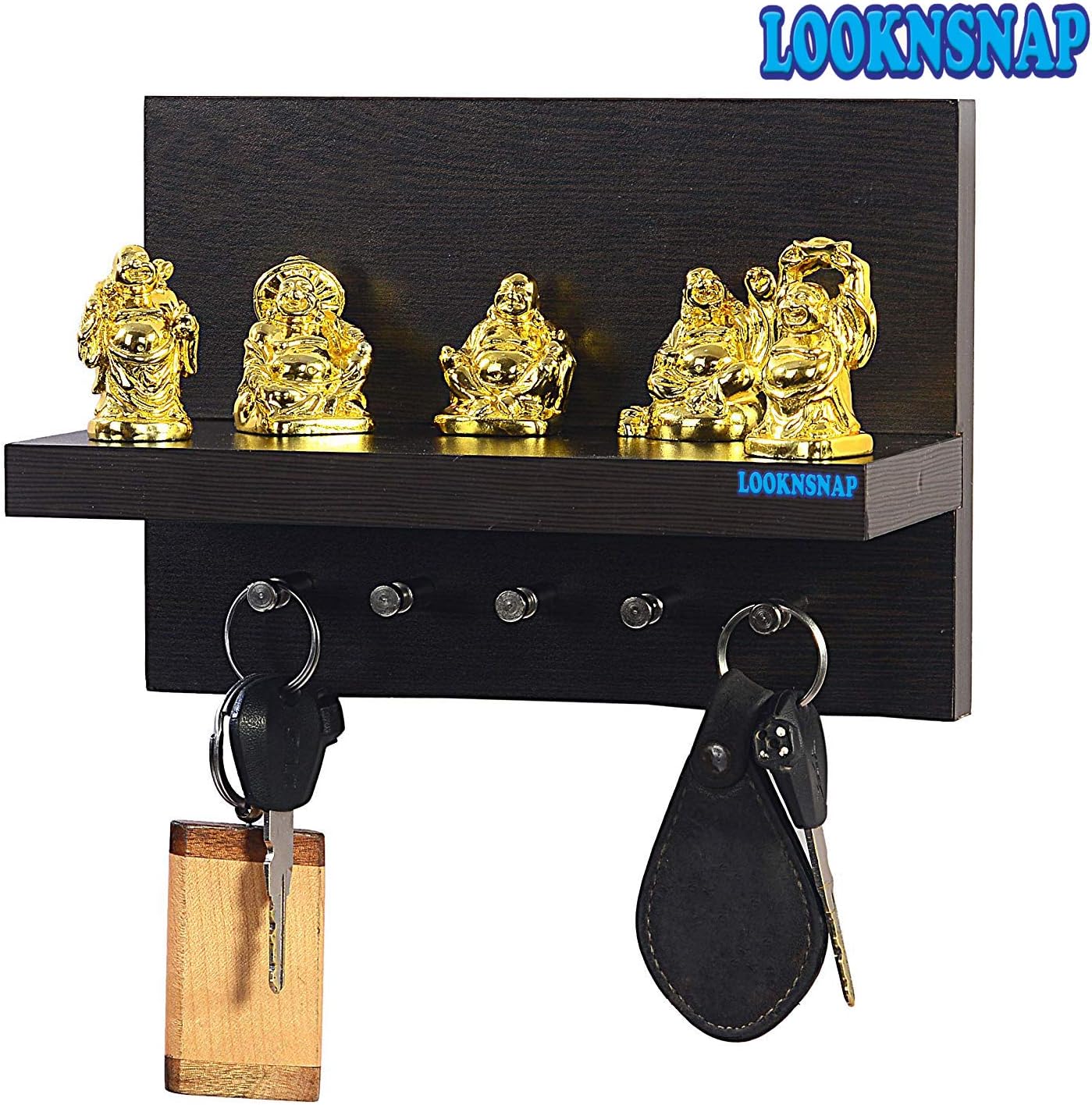 LookNSnap Wooden Wall Mounted Key Holder with Decor Shelf (5 Hooks, Wenge)