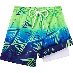 Cozople Boys Ombre Green Swim Trunks Geometric Swirl Pattern Quick Dry Breathable Bathing Suit with Boxer Mesh Liner for Wate