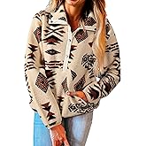 SELINK Womens Western Aztec Sweatshirt Half Placket Plush Casual Ethnic Tribal Fleece Long Sleeve Pullover Tops