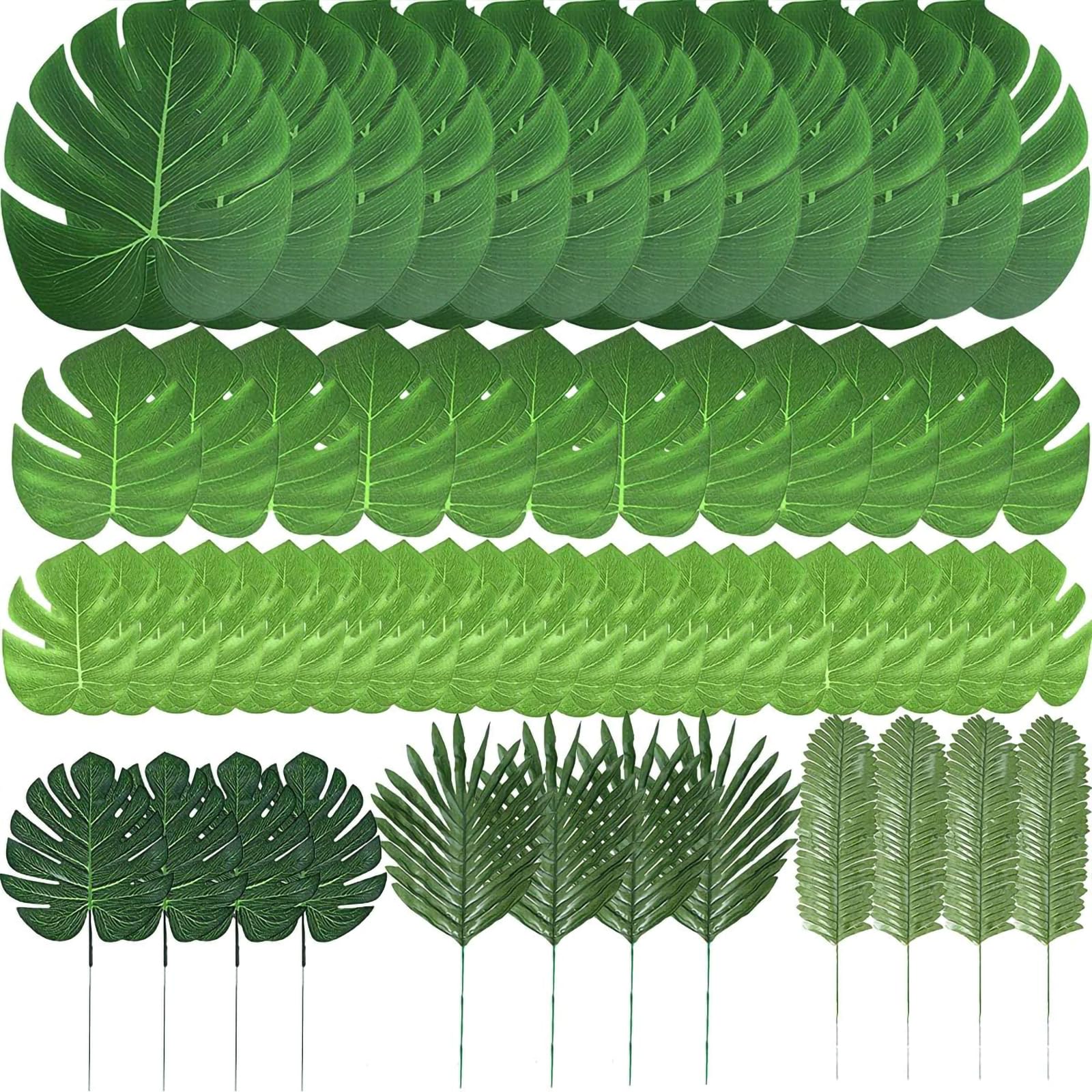 Zhou-long Fake Leaves 60 Pcs Artificial Leaves Tropical Palm Leaves Monstera Leaves with Stems for Safari Decorations Tropical Party Supplies Jungle Beach Luau Theme Party Decorations (6 Kinds)