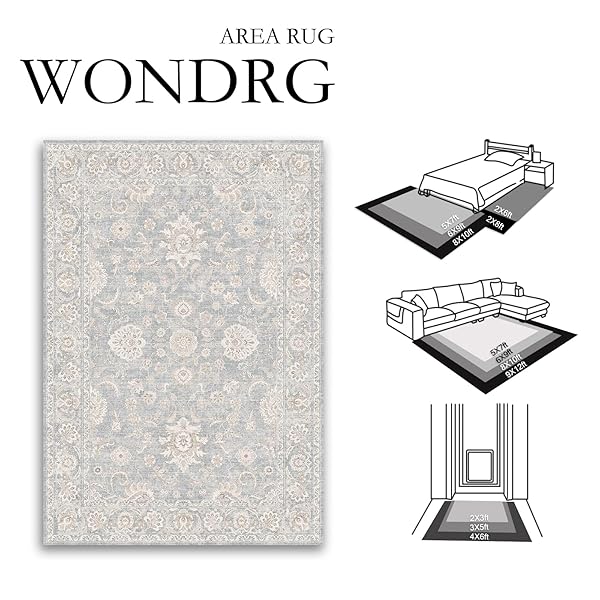 WONDRG 8X10 GREY BROWN WASHABLE AREA RUG FOR LIVING ROOM BEDROOM NEUTRAL FLORAL SOFT NON SLIP RUG LOW PILE DISTRESSED CARPET FOR DINING ROOM NURSERY OFFICE INDOOR