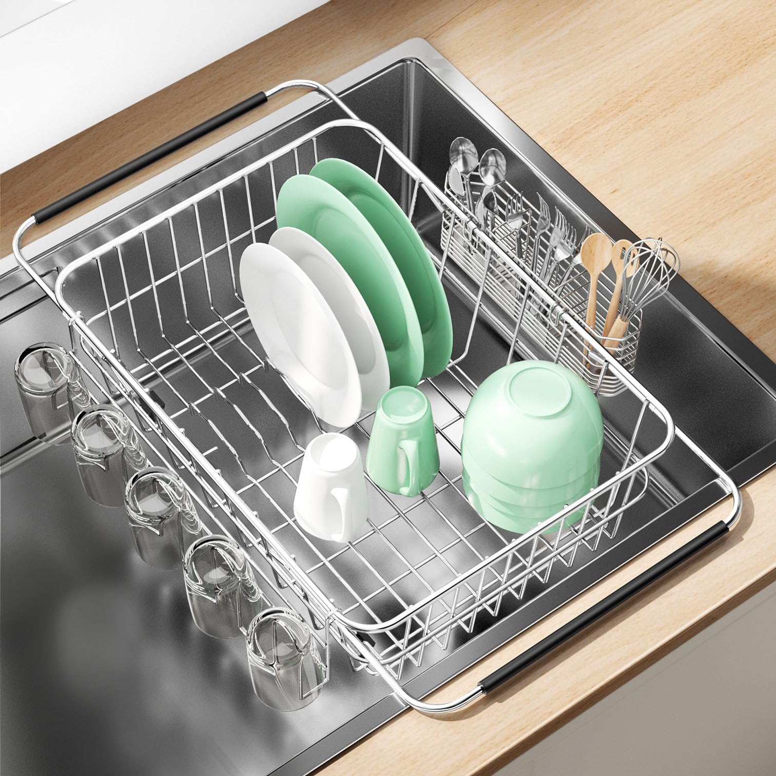 Fanbsy Large Dish Drying Rack in Sink, Extendable Stainless Steel Dish Drainers for Kitchen Counter, Anti-Rust Dish Dryer Rack with Utensil & Cup Holders, for Inside Sink, Over The Sink