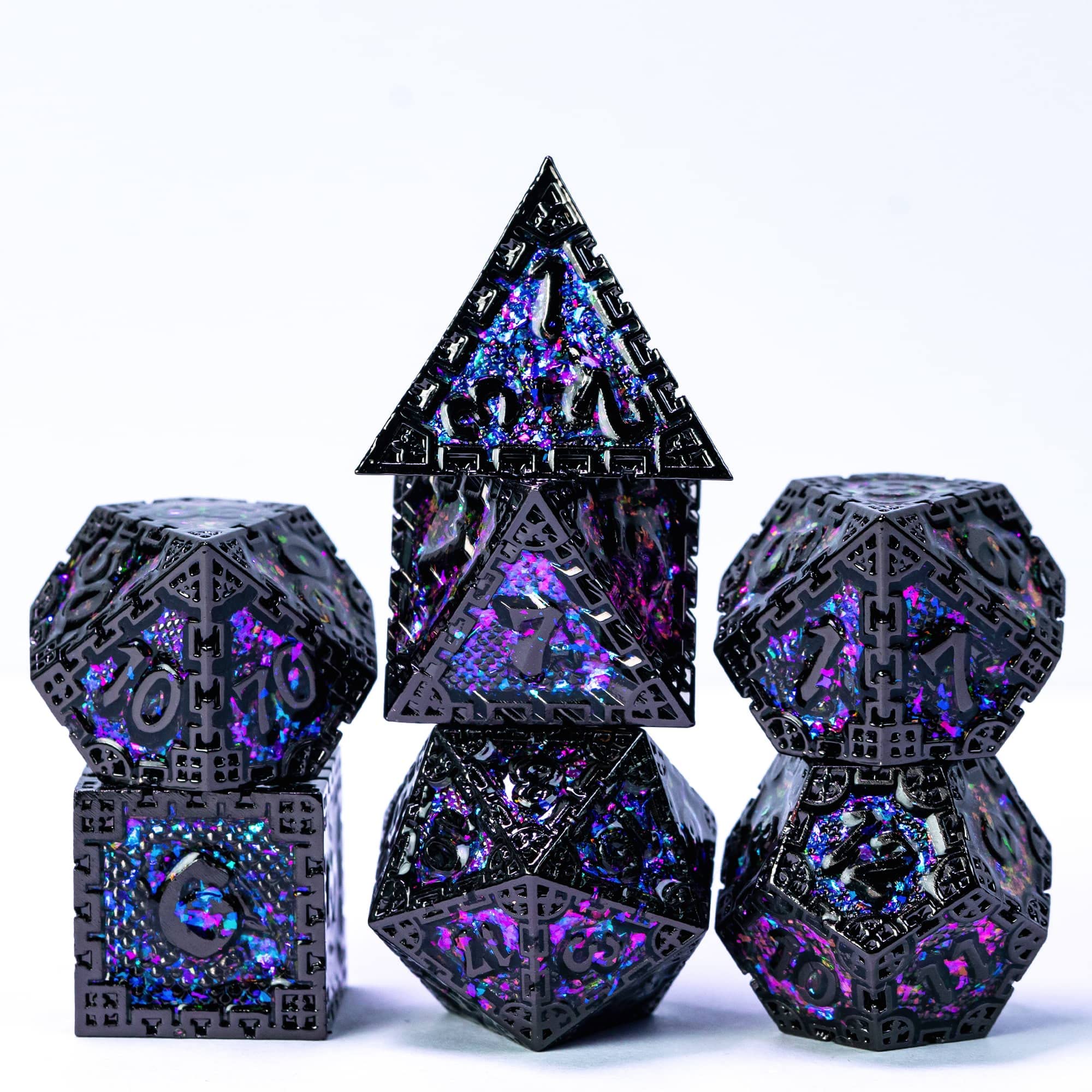 Cusdie Metal Dice Set, 7 Pcs DND Metal Dice, Dragon Scale Polyhedral Dice Set, for Role Playing Game D&D Dice (Black with Purple Blue Glitters) — image 1