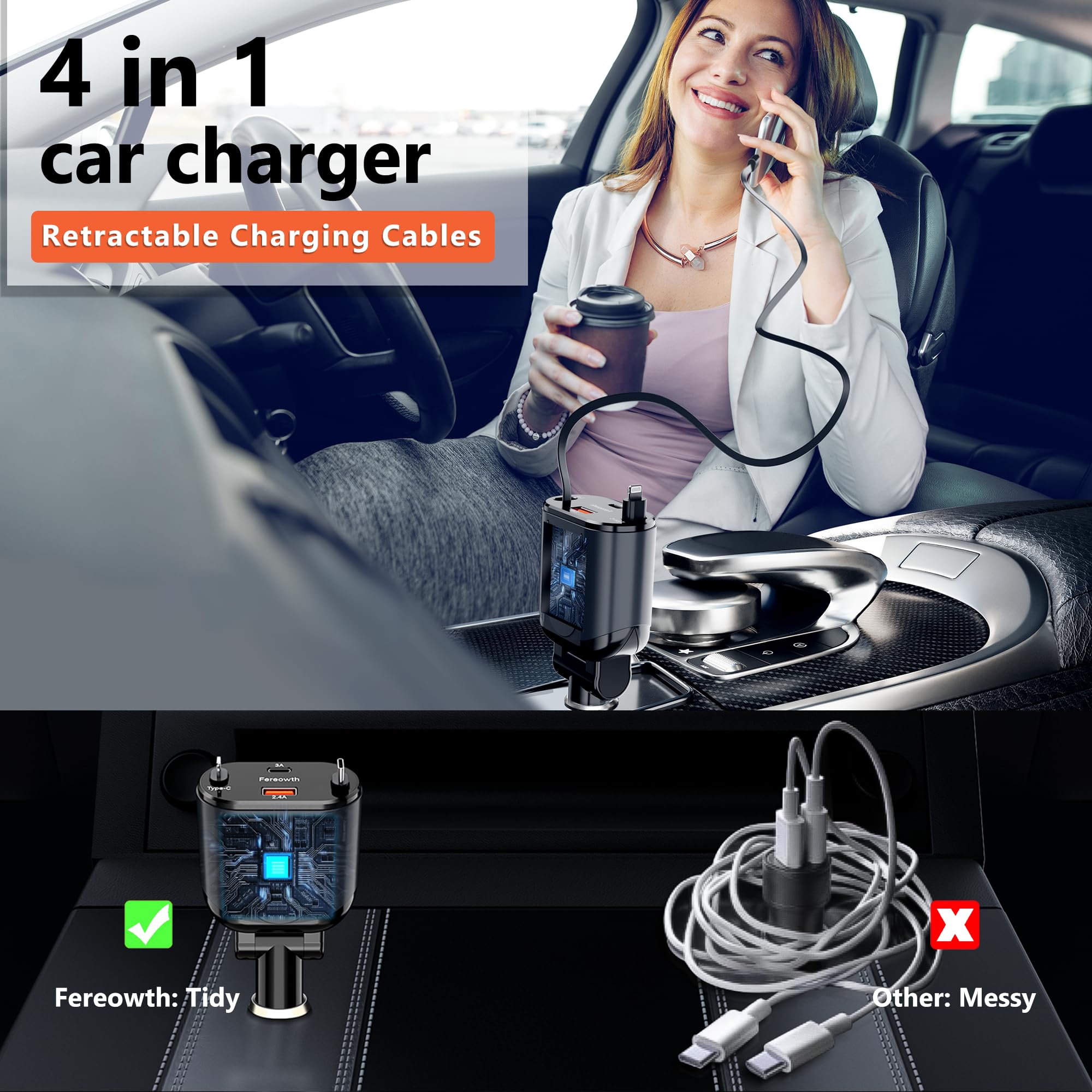 Retractable Car Charge 4 in 1 Fast Car Phone Charger Adapter PD 63W Phone Retractable Cables (31.5 inch) and 2 USB Ports Car Charger， Compatible with iPad,Samsung,Pixe iPhone 15/14/13, Black