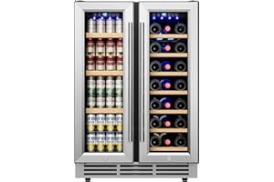 Icyglee 24" Wine and Beverage Refrigerator, Dual Zone Wine Cooler with Glass Door, Hold 88 Cans & 21 Bottles, Built in or Freestanding Under Counter Wine Fridge with Blue LED Light.
