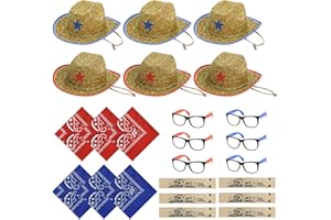MIYUNI 24 Pieces Kid Straw Cowboy Hats and Bandannas Set, Includes 6 Cowboy Party Hats with Blue Red Bandana & Glasses, Cowgirl Party Decorations Boys Girls Rodeo Western Birthday Party Supplies