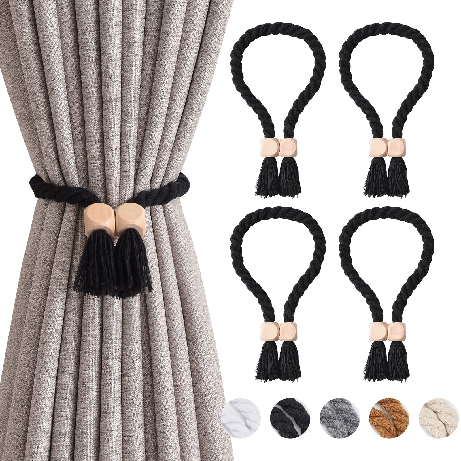 Pretty Jolly 4 Pack Wooden Cube Magnetic Curtain Tiebacks Boho Home Decor Drape Tie Backs Natural Cotton Hand Woven Rope Curtain Holdbacks for Thin & Thick Home & Office Window Draperies (Black)