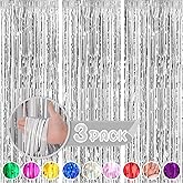 3 Pack 3.2ft x 8.2ft Silver Metallic Foil Fringe Curtains, Tinsel Streamers Bachelorette Party Decorations, Streamers Birthda