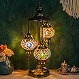 Marrakech Turkish Lamp 3 Globes Moroccan Table Lamp with Bronze Base, 23" Tall Handmade Colorful Tiffany Mosaic Glass Night Light Fixture Including LED Bulb for Living Room Bedroom Decor
